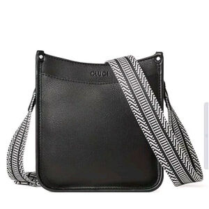 New Vegan Leather Small Black Crossbody Bag Zipper Fabric Strap Pockets
